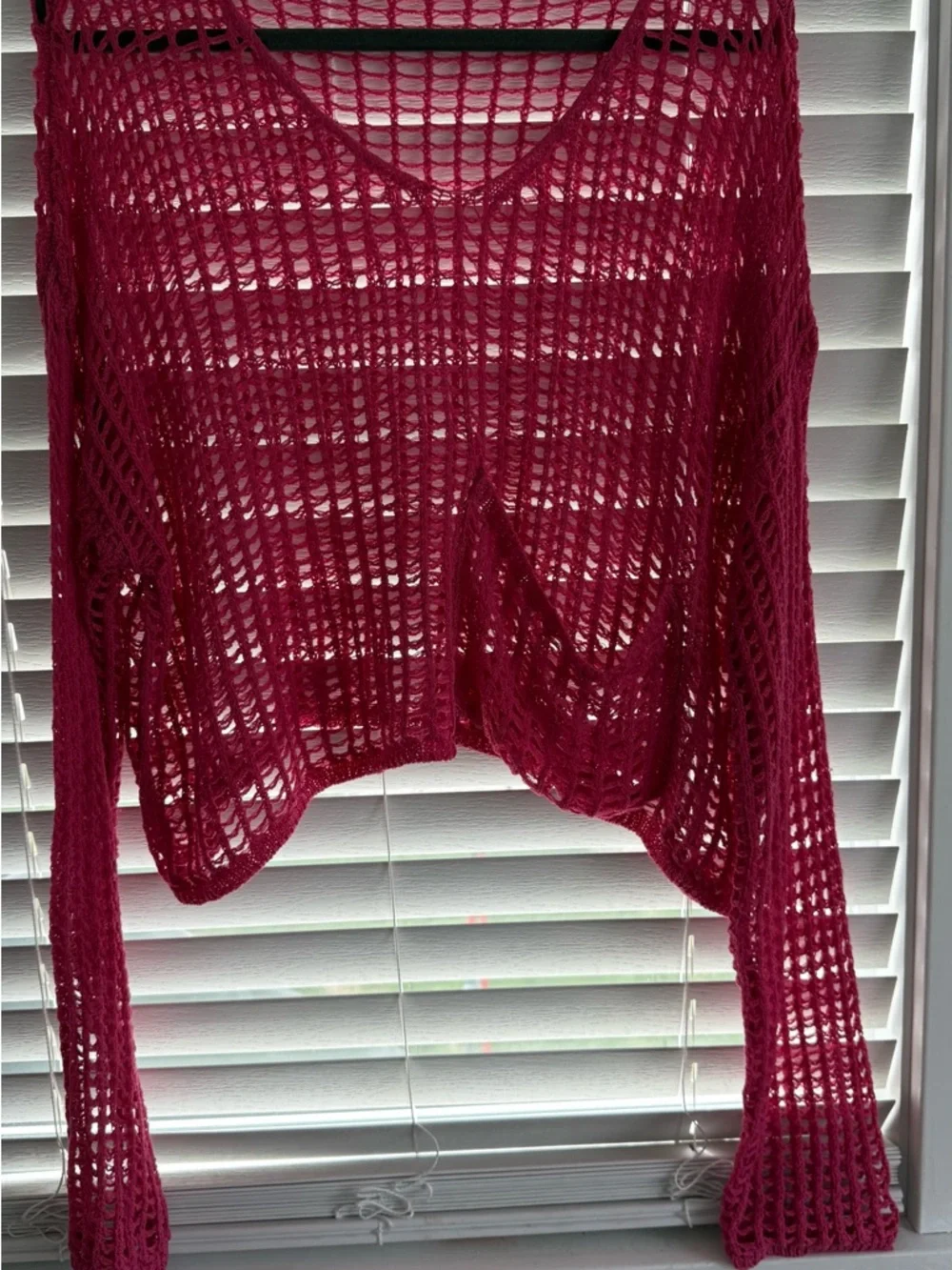 BiBi Open-Knit V-Neck Sweater - Deep Berry - Picture 4 of 4